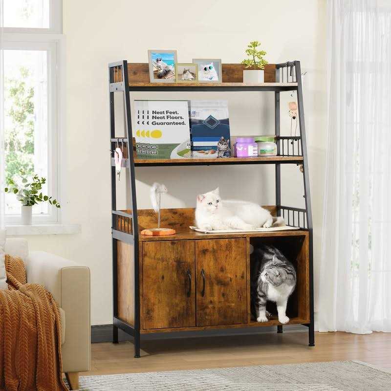 Large Wooden Cat Litter Box Enclosure with Storage Shelves L42310