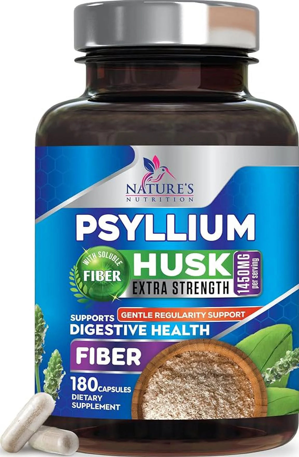180 Capsules Psyllium Husk 1450mg Soluble Fiber Supplement M97384