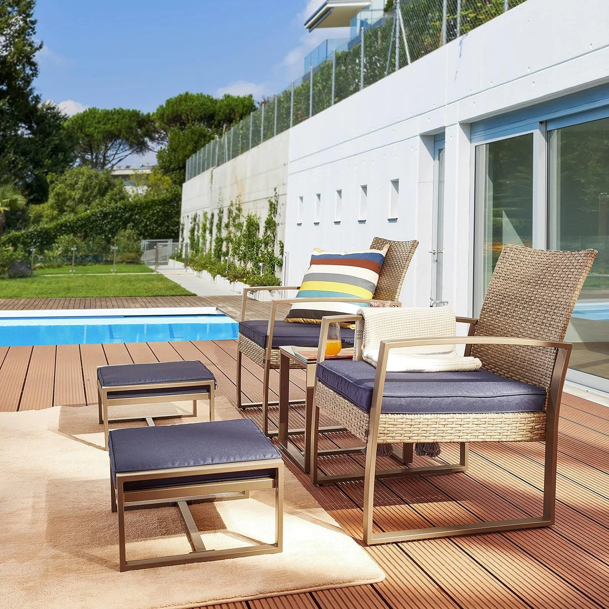 Blue 5 Piece PE Wicker Rattan Outdoor Bistro Set with Tempered Glass Coffee Table S678