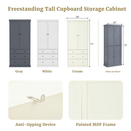 77" Grey Wooden Kitchen Pantry with 3 Drawers Z89433