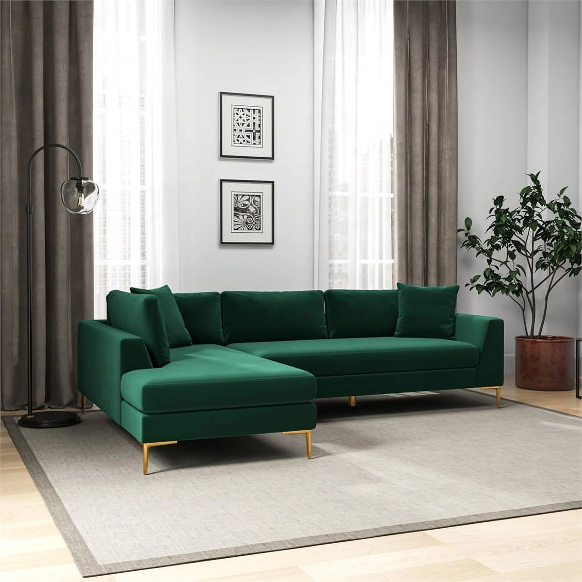 Green Velvet L-Shaped Left-Facing Sectional N54553