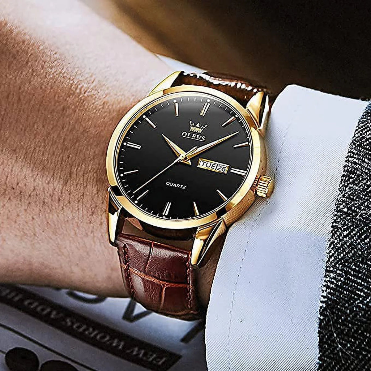 Men's Casual Analog Quartz Watch Brown/Black Leather Band E5927