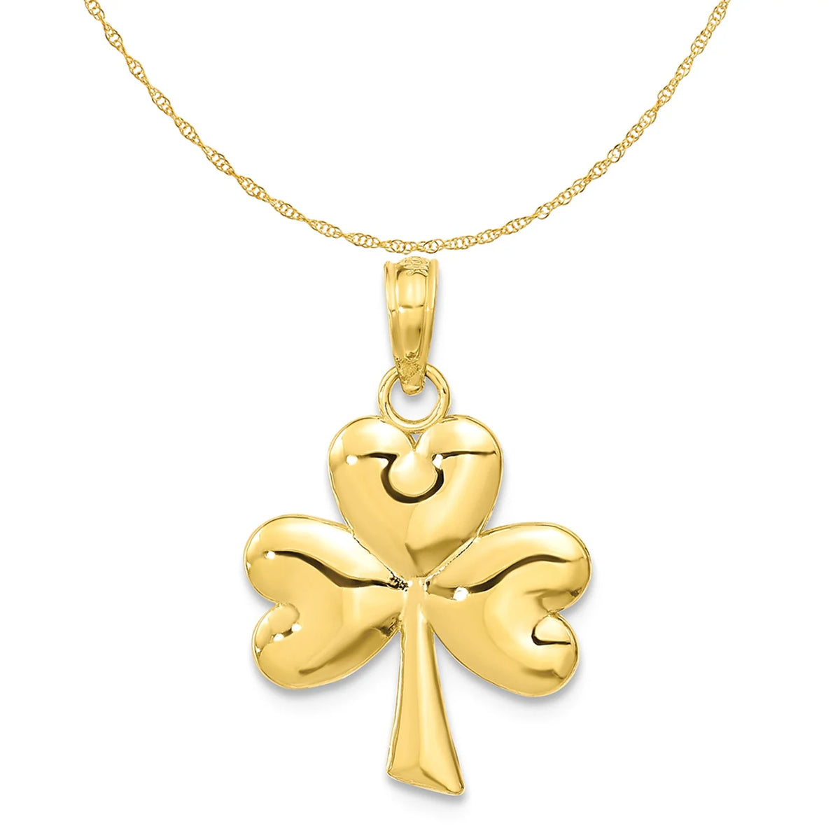 10K Yellow Gold 3-Leaf Clover Pendant Charm with 14K Yellow Gold Rope Chain Necklace 18'' A6041