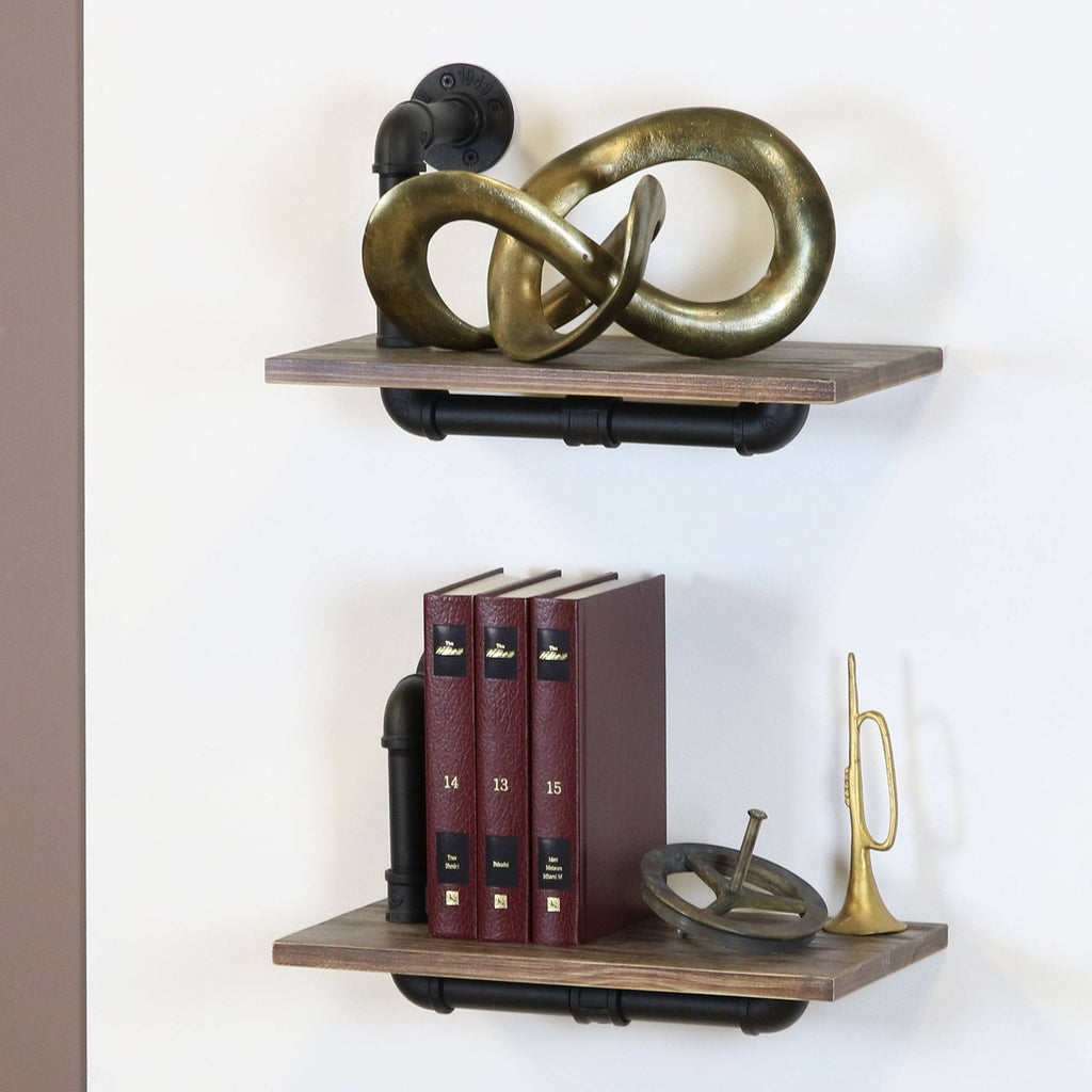 Weathered Wood and Black Pipe Wall Shelves Y996