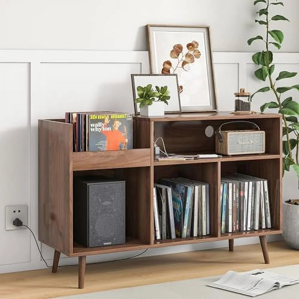 Mid-Century Record Player Stand with Vinyl Record Cabinet and Power Outlet O21183