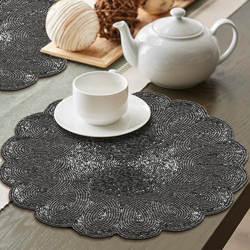 Navy Beaded Round Placemats Set of 2 13 Inches I63237