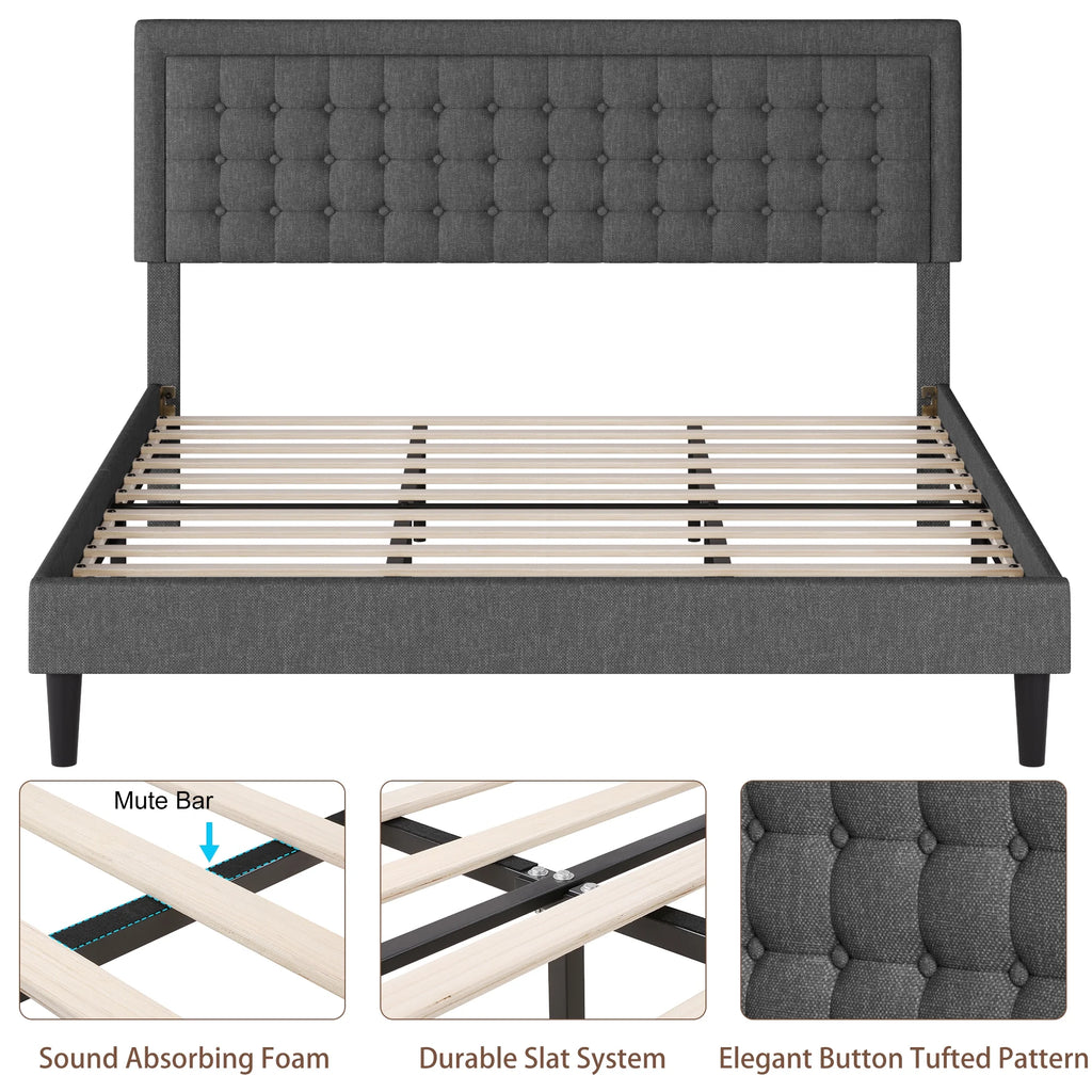 King Size Gray Linen Fabric Upholstered Bed Frame J7616