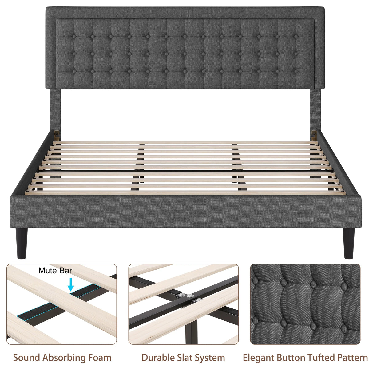 King Size Gray Linen Fabric Upholstered Bed Frame J7616