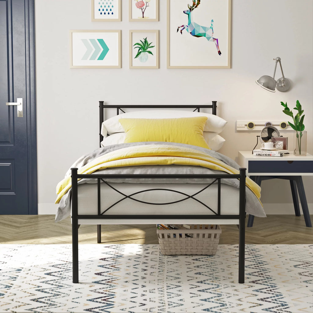 Twin Size Black Metal Platform Bed Frame with Headboard and Footboard L359
