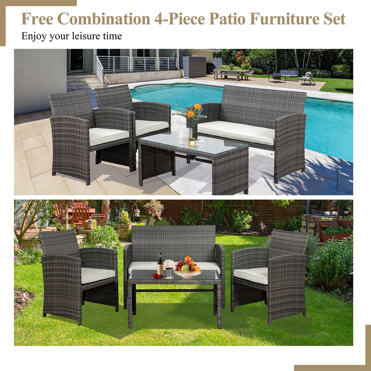 4 Piece Wicker Patio Furniture Set with Cushions D9075