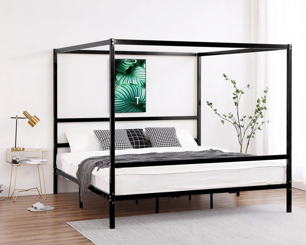 Black King Metal Canopy Bed Frame with Headboard A95770