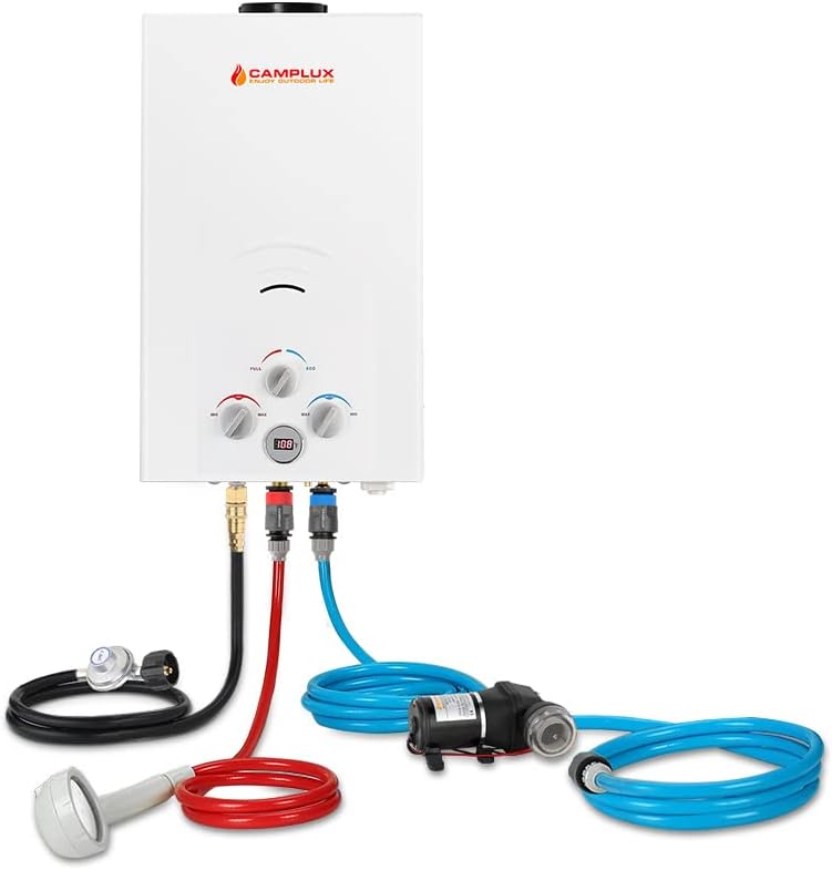 Camplux Propane Portable Tankless Water Heater Outdoor 2.64 GPM Instant Hot Camping Showers with 3.3 GPM Water Pump & Pipe Strainer G303