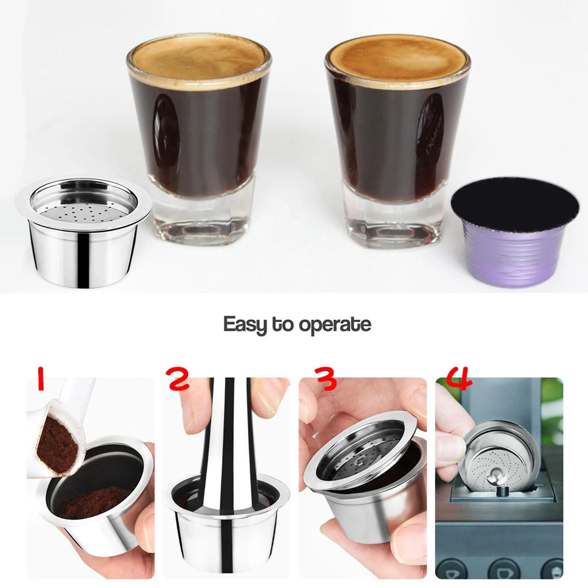 Stainless Steel Reusable Coffee Capsule with Spoon and Brush, 4Pcs Set P5254