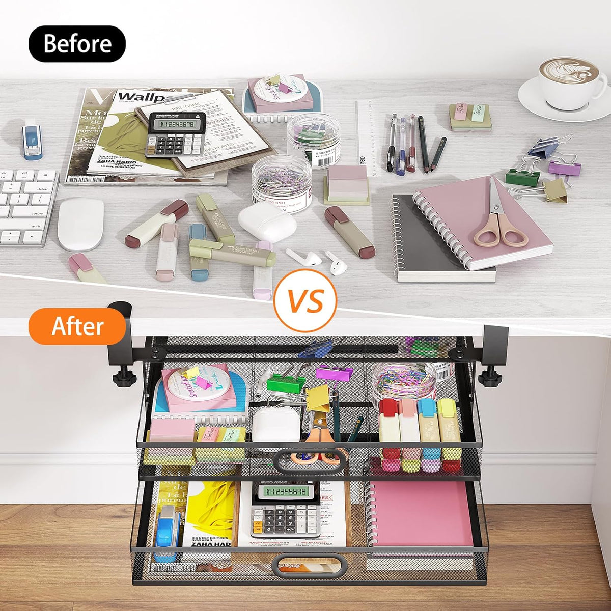 Under Desk 2 Drawer Metal Drawer Organizer Large 15.6x12x4.7 Inches R85238