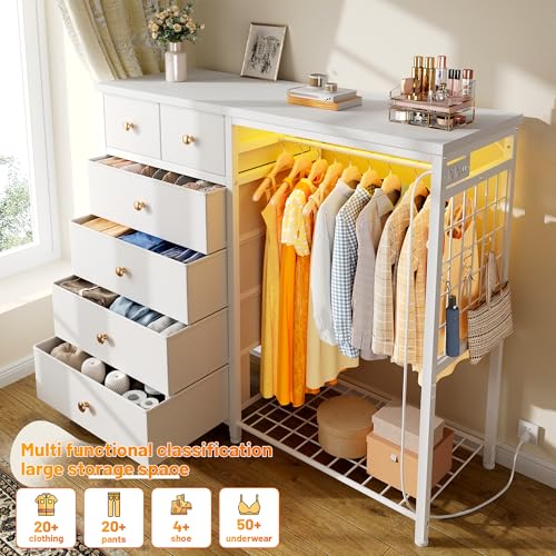 Black 6 Drawer Fabric Dresser with Hanging Rack H5430