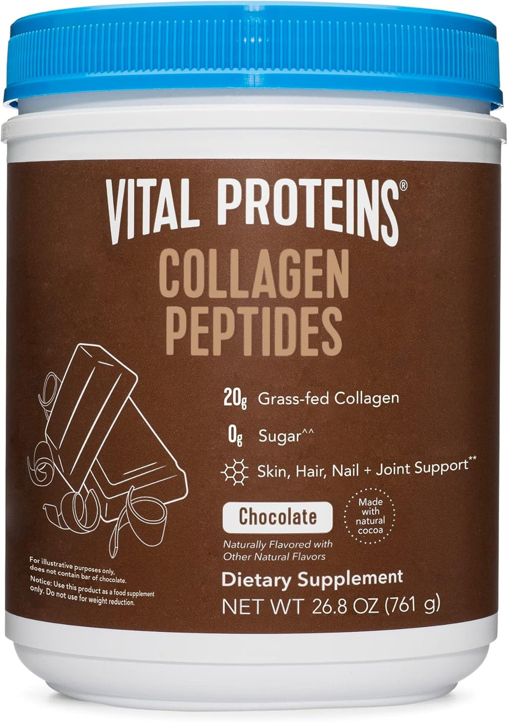 Chocolate Collagen Powder Supplement Type I III Hydrolyzed Collagen 27g per Serving 26.8 oz Canister Pack of 2 T8088