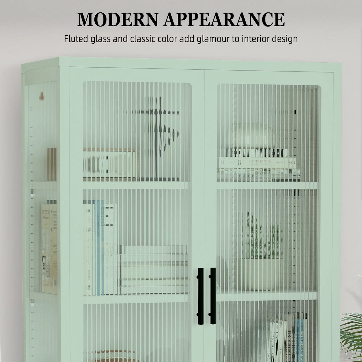 Mint green Double Glass Door Adjustable Shelves Cold-Rolled Steel Storage Cabinet N931914