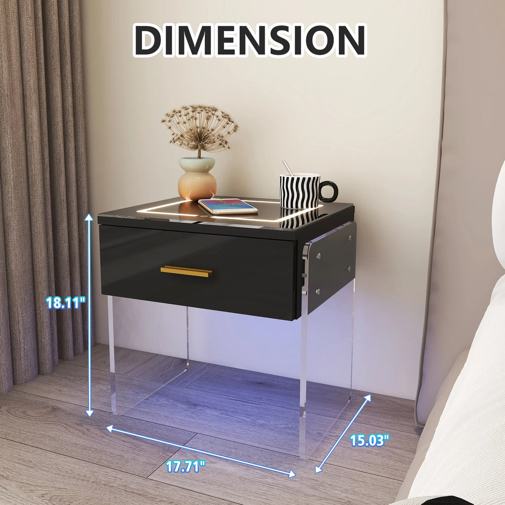 Black Nightstand with Wireless Charging Station and LED Lights X135315