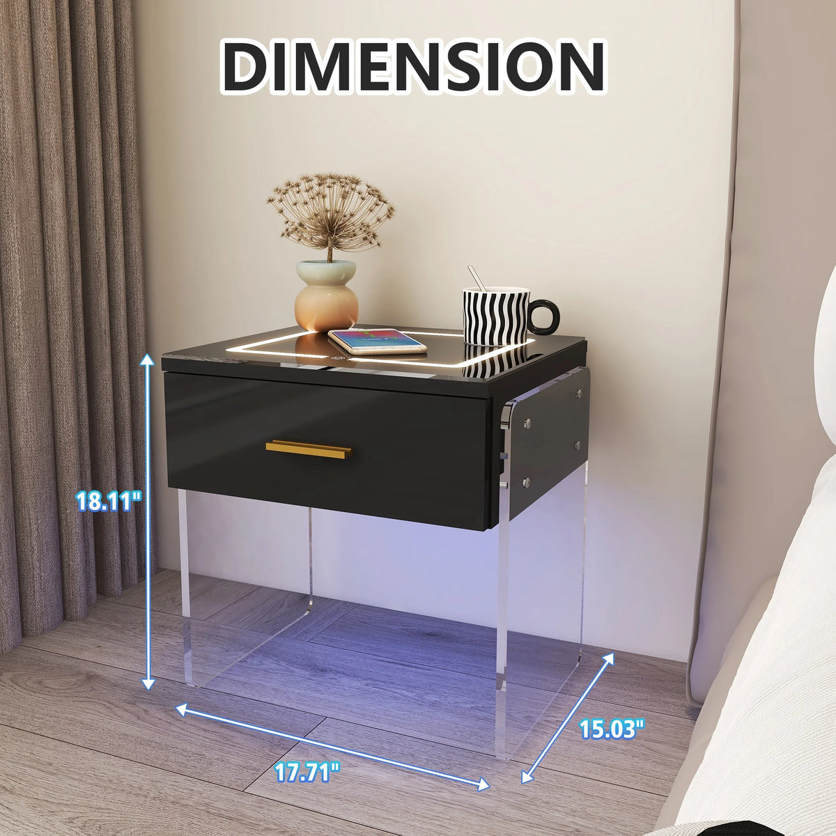 Black Nightstand with Wireless Charging Station and LED Lights X135315