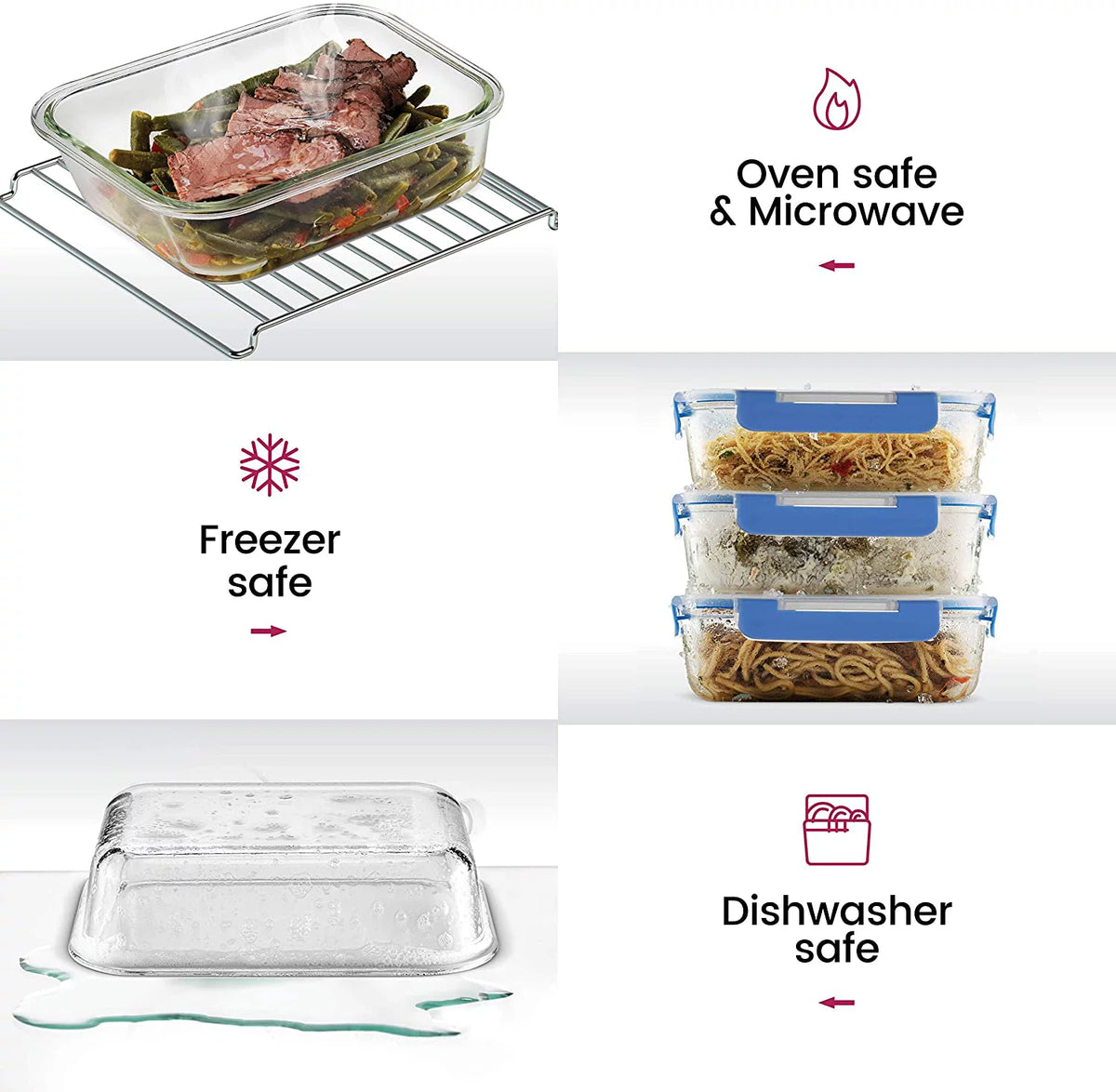 6 Pack 35oz Airtight Glass Meal Prep Containers with Locking Lids B102