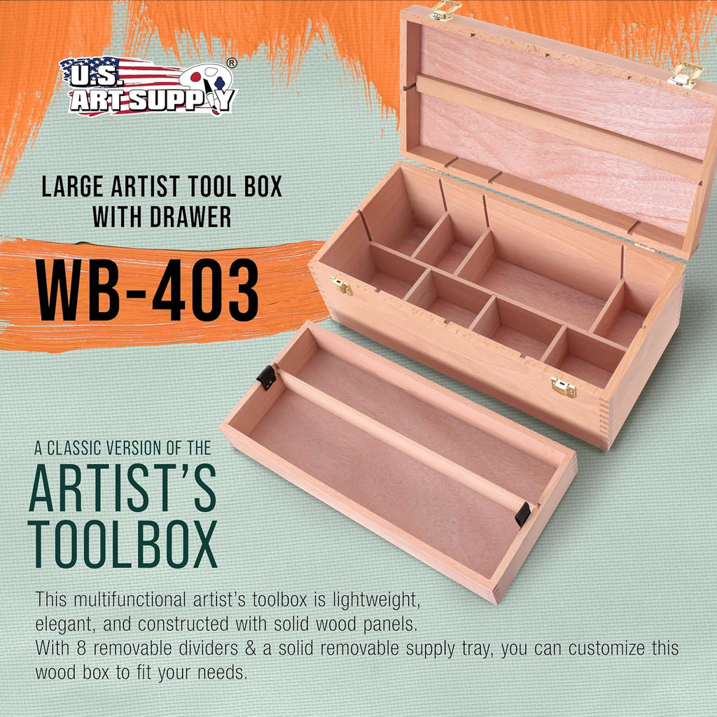 Unfinished Beechwood Artist Tool Storage Box with Removable Tray & Locking Clasps O56595