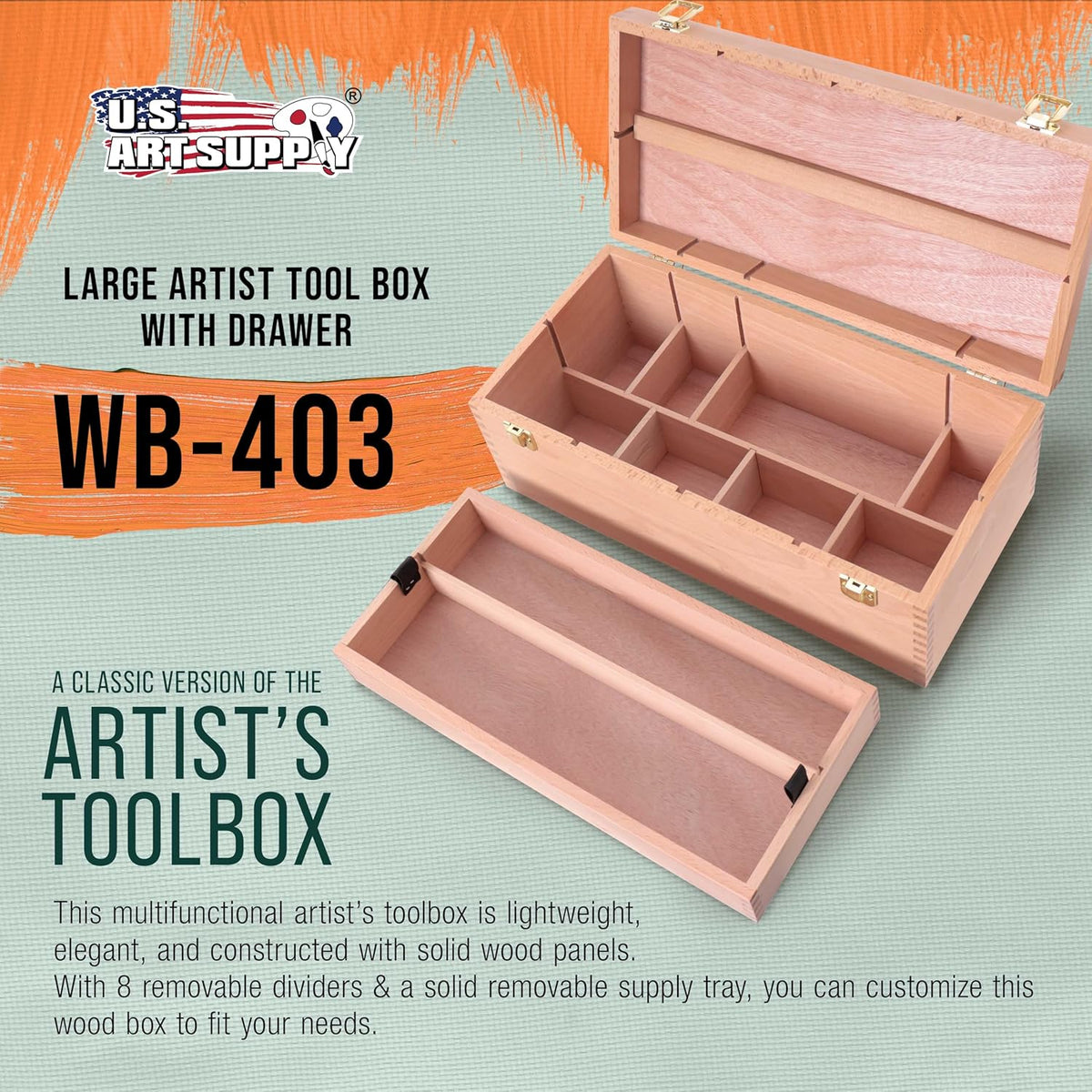 Unfinished Beechwood Artist Tool Storage Box with Removable Tray & Locking Clasps O56595