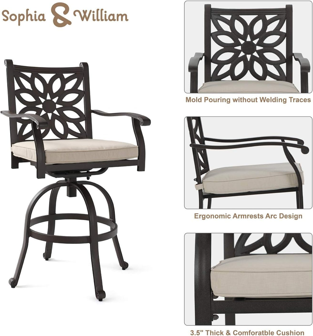 3 Pieces Cast Aluminum Bar Set with 2 Swivel Bar Height Chairs and 1 Square Table U267