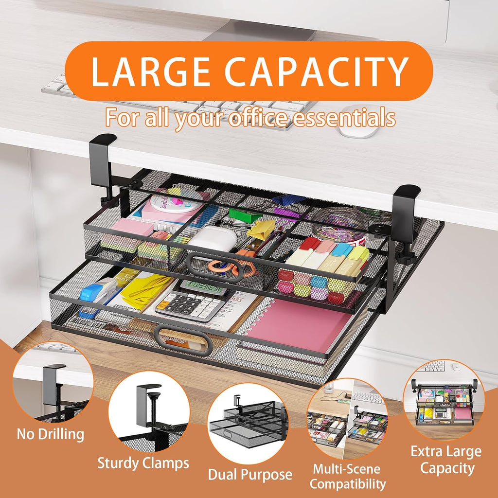 Under Desk 2 Drawer Metal Drawer Organizer Large 15.6x12x4.7 Inches R85238