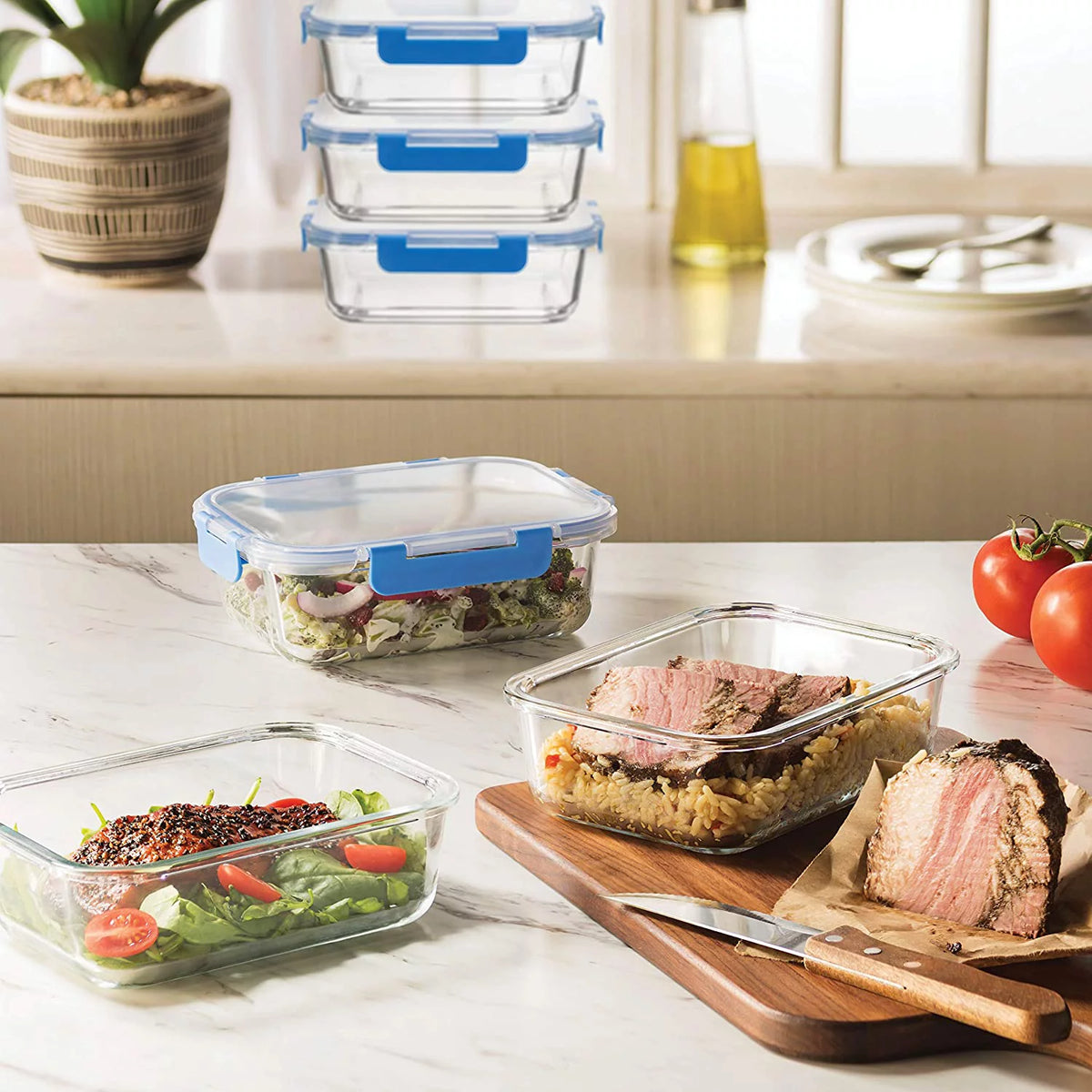 6 Pack 35oz Airtight Glass Meal Prep Containers with Locking Lids B102