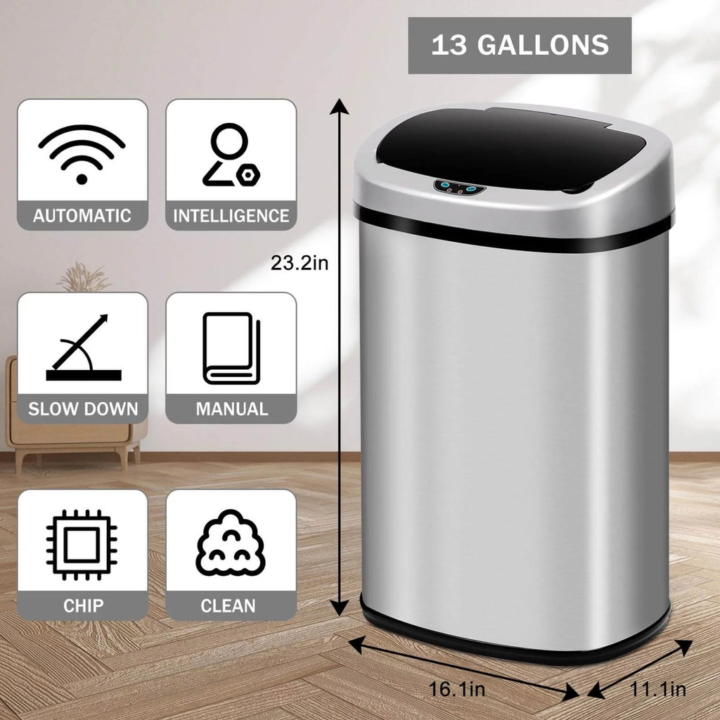 13 Gallon Automatic Stainless Steel Trash Can with Lid U689