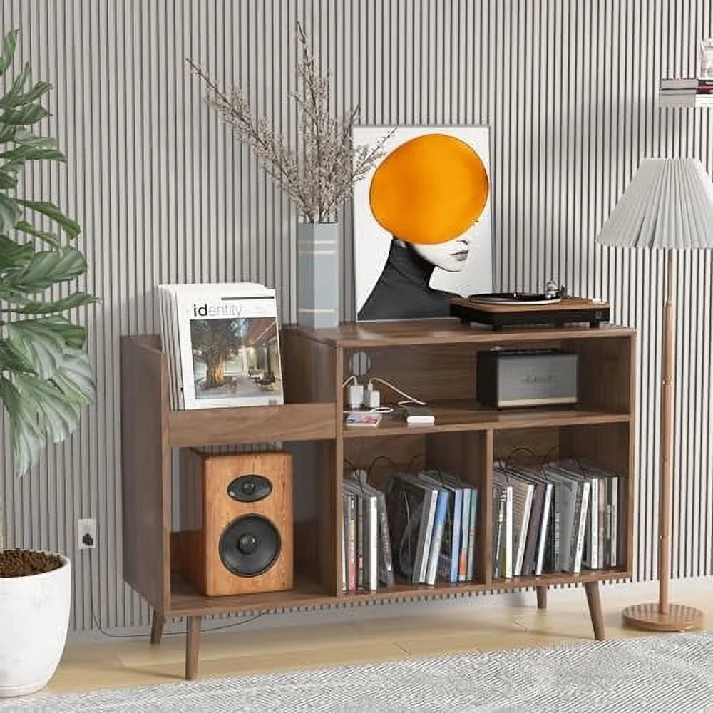 Mid-Century Record Player Stand with Vinyl Record Cabinet and Power Outlet O21183