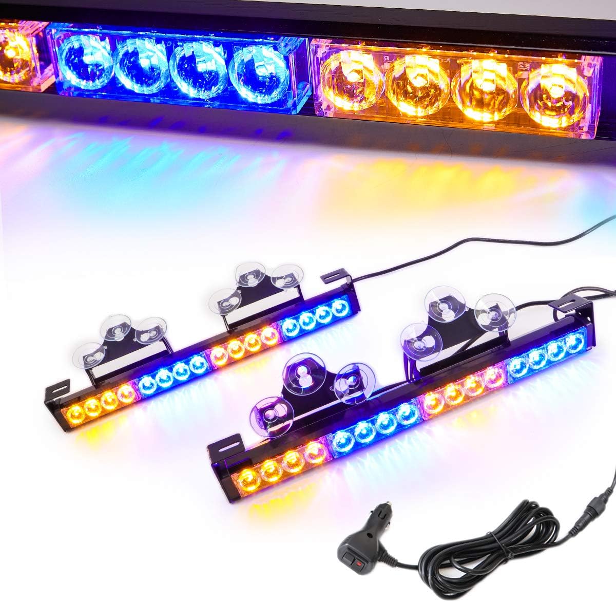 2 in 1 Emergency Strobe Light Bar 21 Flash Patterns Traffic Advisor Warning Hazard Windshield Safety Lights Bar with Cigar Lighter (2×16.8 inch, 32 Led) Pack of 2 C19199