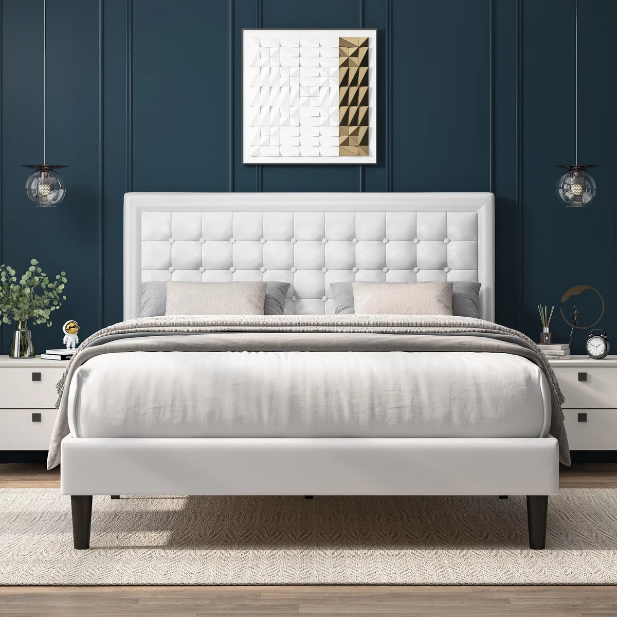 King Size Gray Linen Fabric Upholstered Bed Frame J7616
