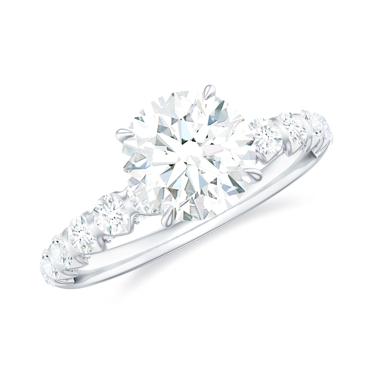 14K White Gold Moissanite Solitaire Engagement Ring with Side Stones N743
