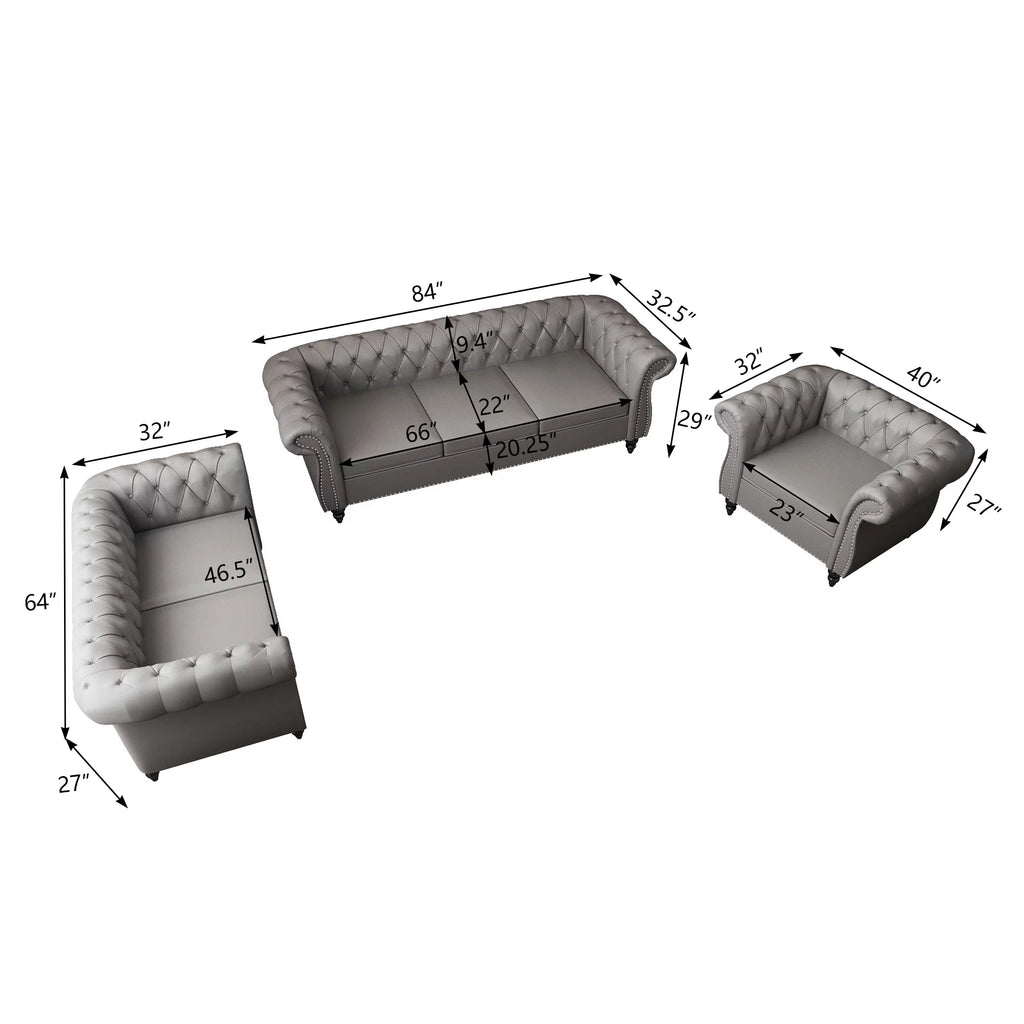 Gray 3 Piece Faux Leather Sofa Set Q314450