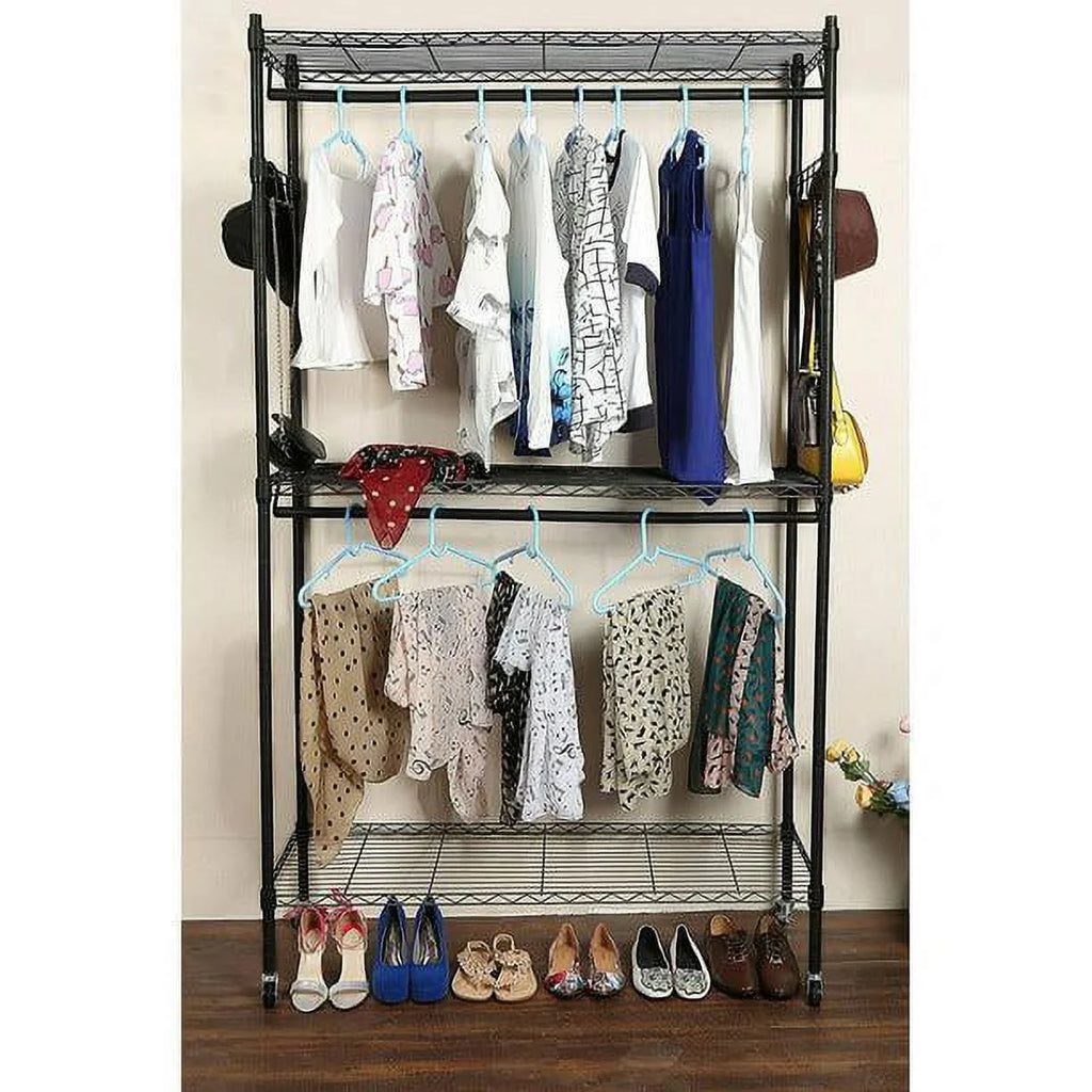 Portable Double Rod Garment Rack with Adjustable Shelves & Wheels Black P822