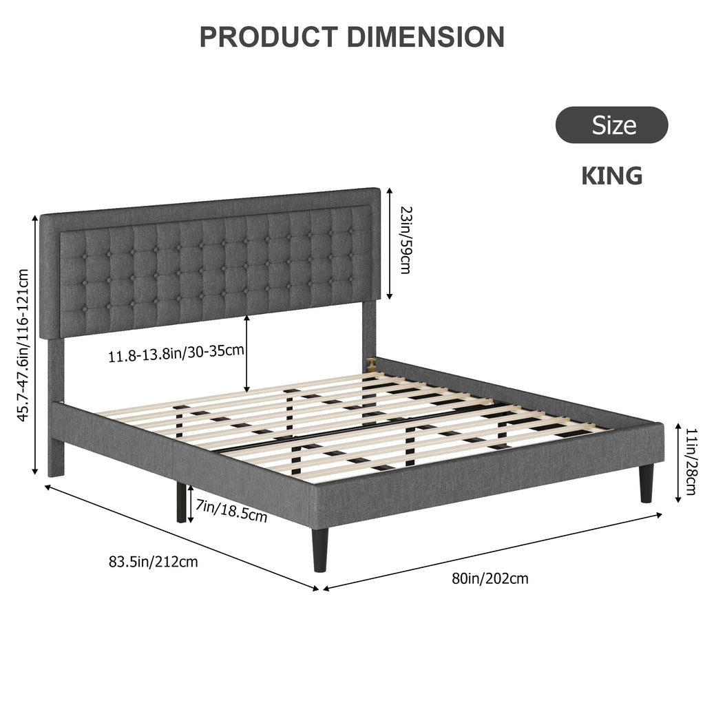 King Size Gray Linen Fabric Upholstered Bed Frame J7616