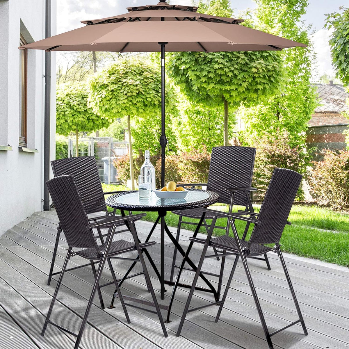 Set of 4 Folding Wicker Rattan Bar Stools with Back O379