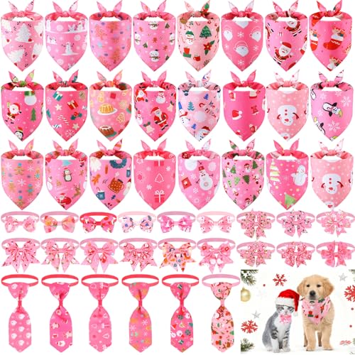 48 Pcs Pink Christmas Dog Bandanas Bow Collars and Ties Set E727251