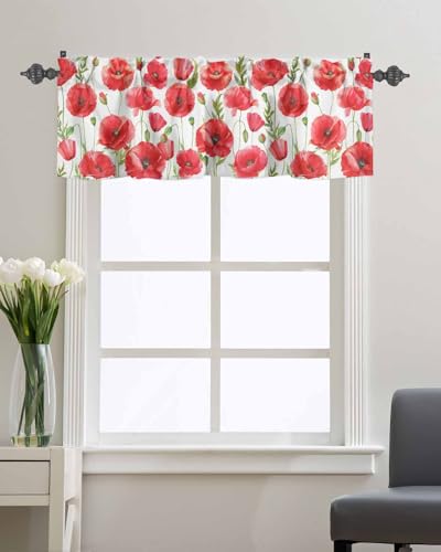 Watercolor Red Poppy Flower White Short Kitchen Curtains 54x18IN H1692