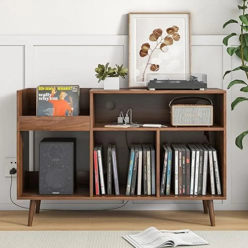 Mid-Century Record Player Stand with Vinyl Record Cabinet and Power Outlet O21183