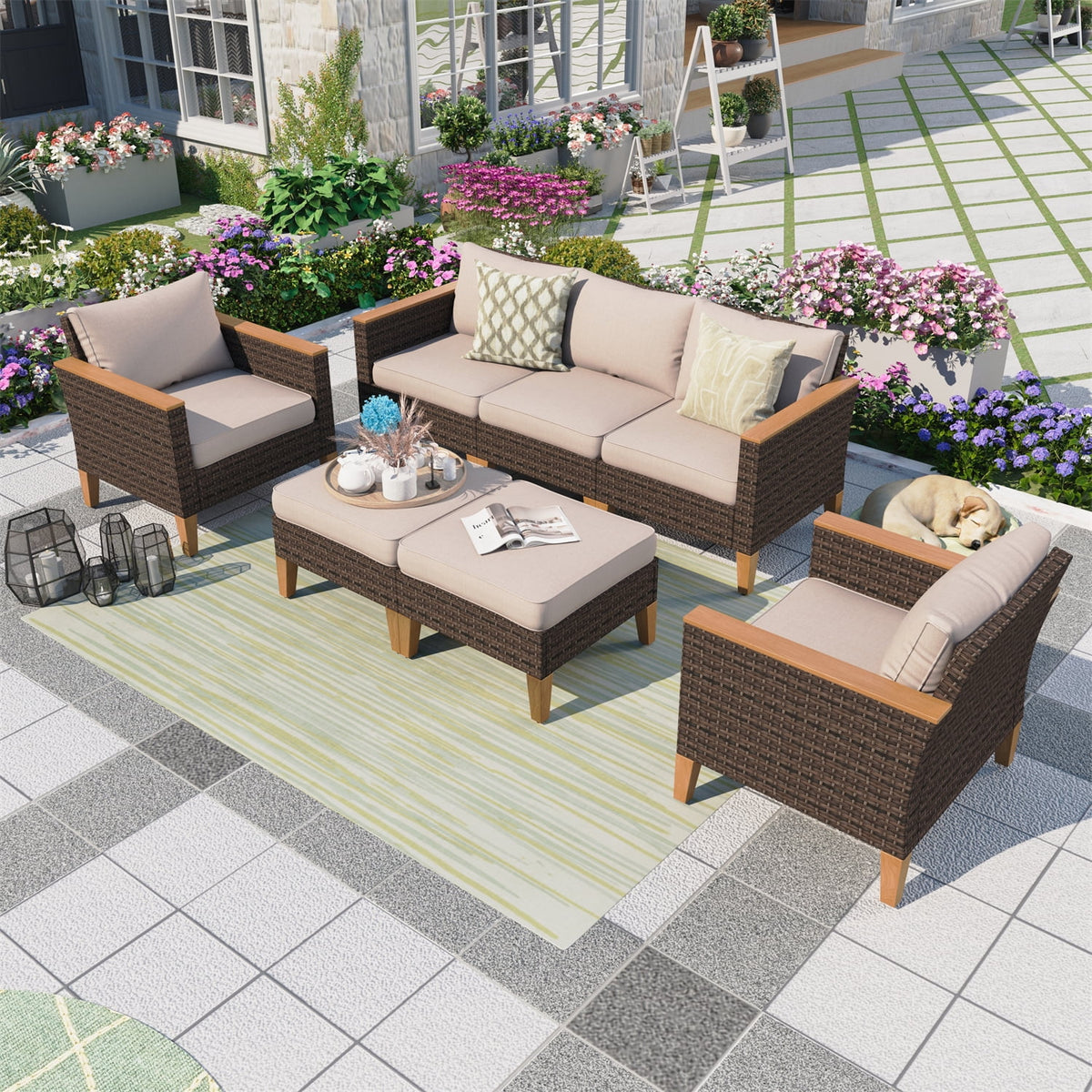 7 Piece Beige Wicker Patio Conversation Set U80574