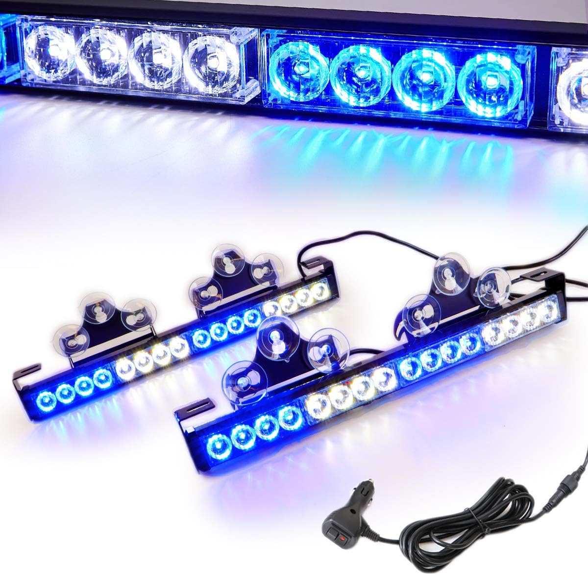2 in 1 Emergency Strobe Light Bar 21 Flash Patterns Traffic Advisor Warning Hazard Windshield Safety Lights Bar with Cigar Lighter (2×16.8 inch, 32 Led) Pack of 2 C19199