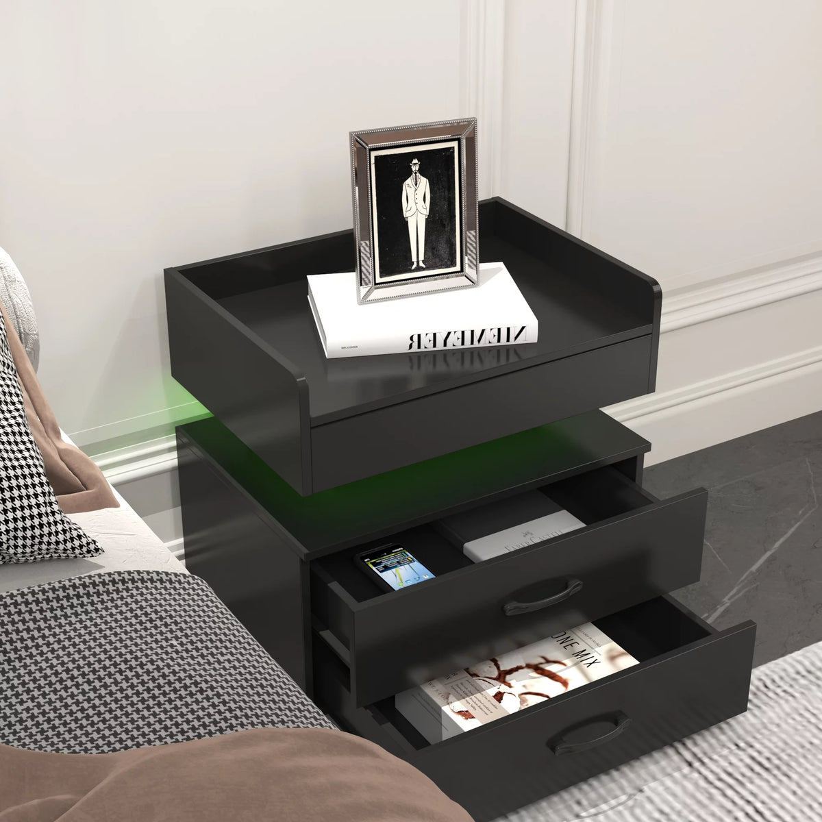Black Wood Nightstand with Charging Station and 2 Drawers X908