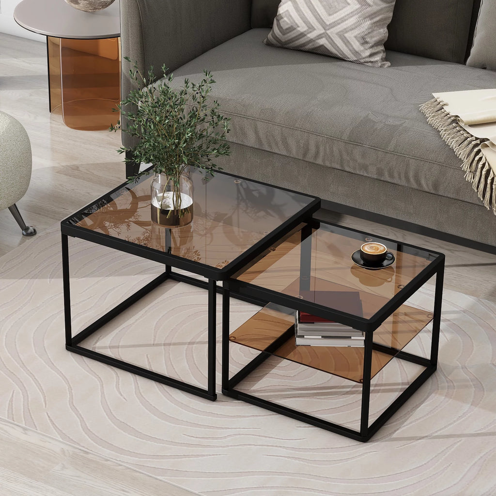 Brown Tempered Glass Coffee Table Set with Metal Frame Z7158