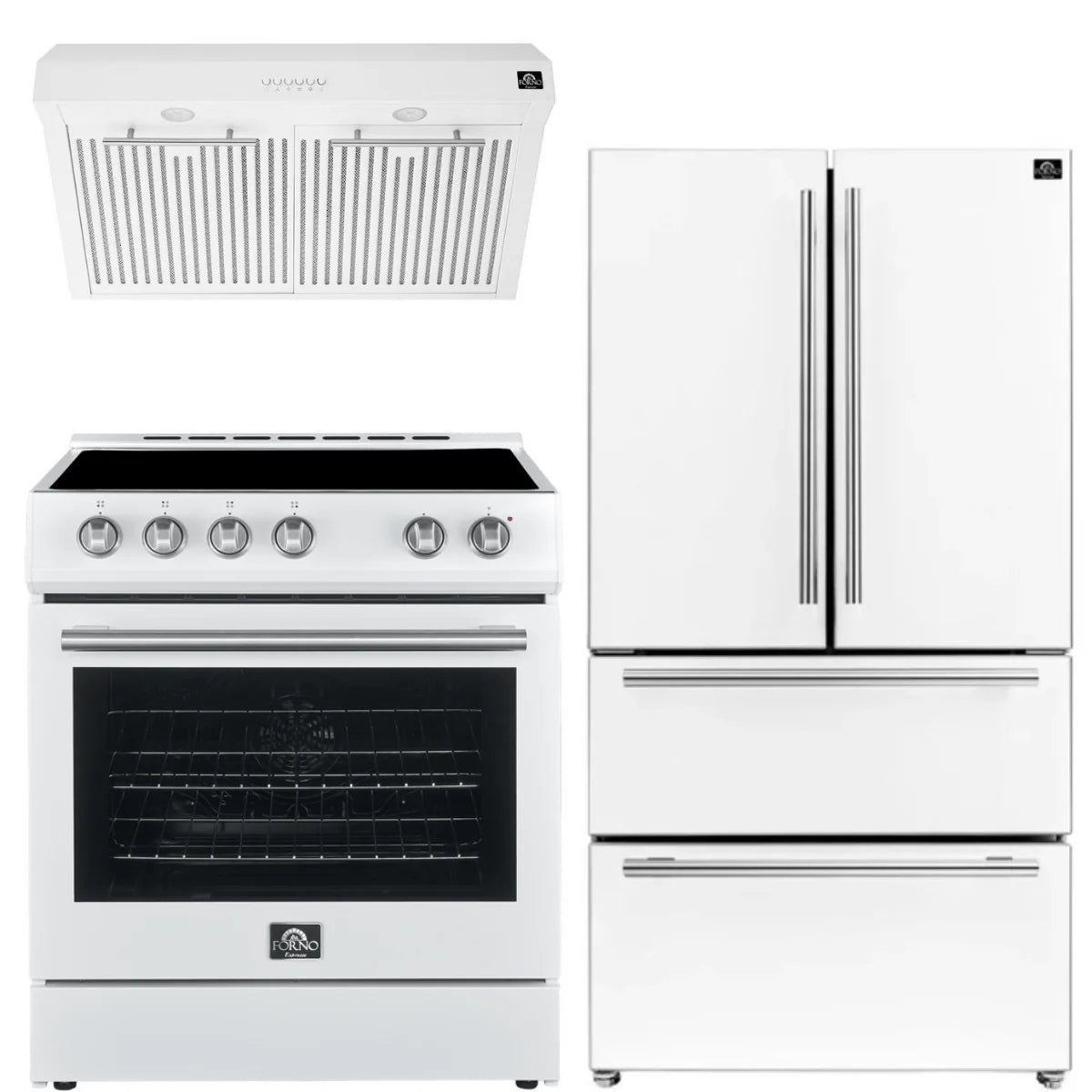 30 Electric Range, Range Hood and Refrigerator in White with Silver Handles Q957424