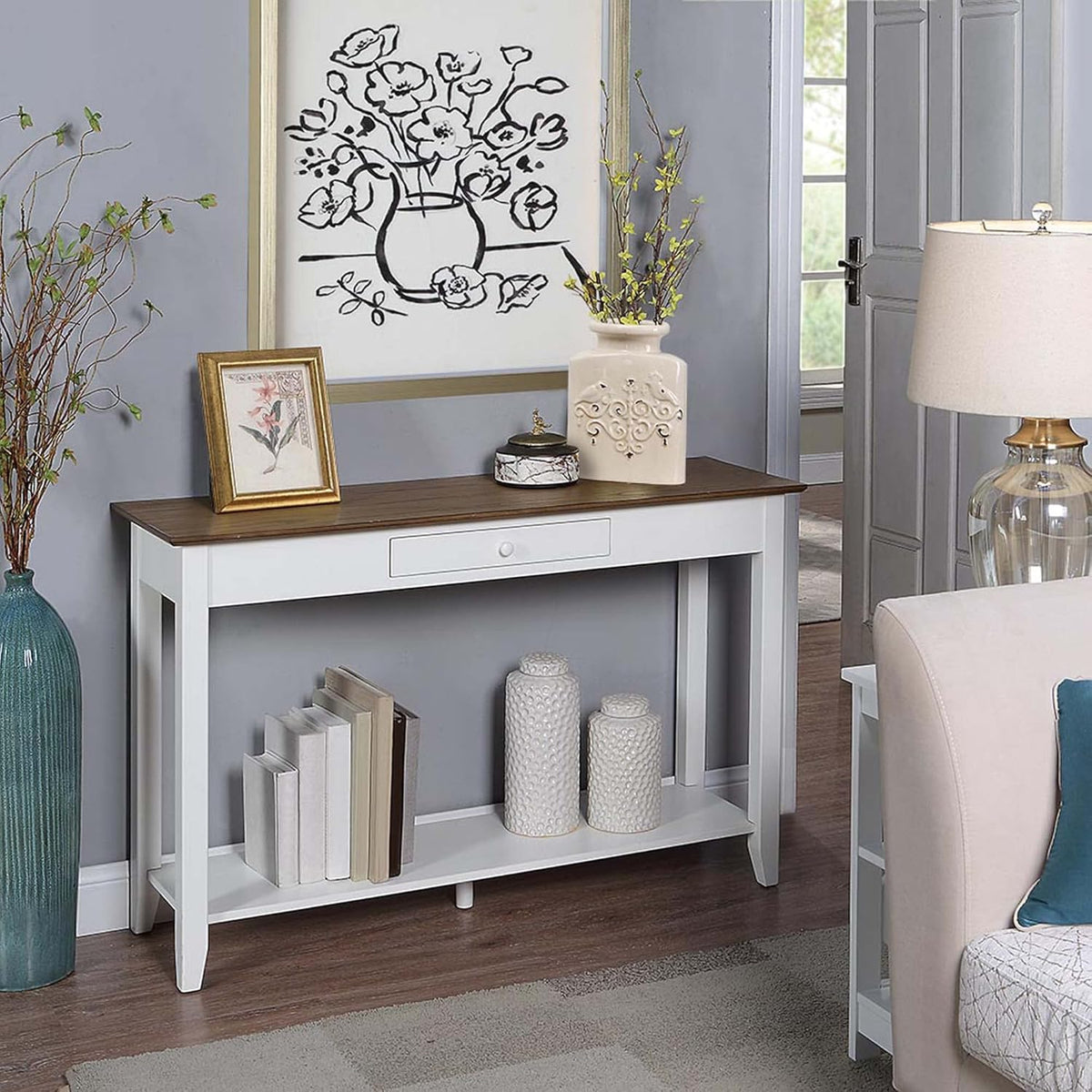 1-Drawer Console Table with Shelf, Driftwood/White C9626