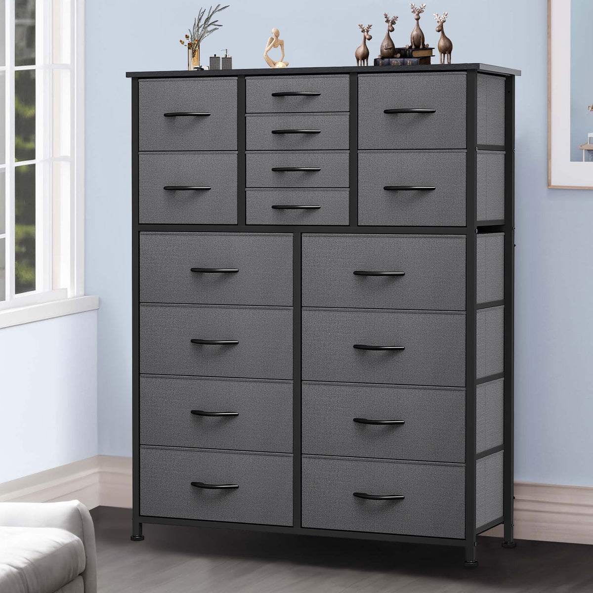 16 Drawer Fabric Dresser with Metal Frame and Wooden Top E549820