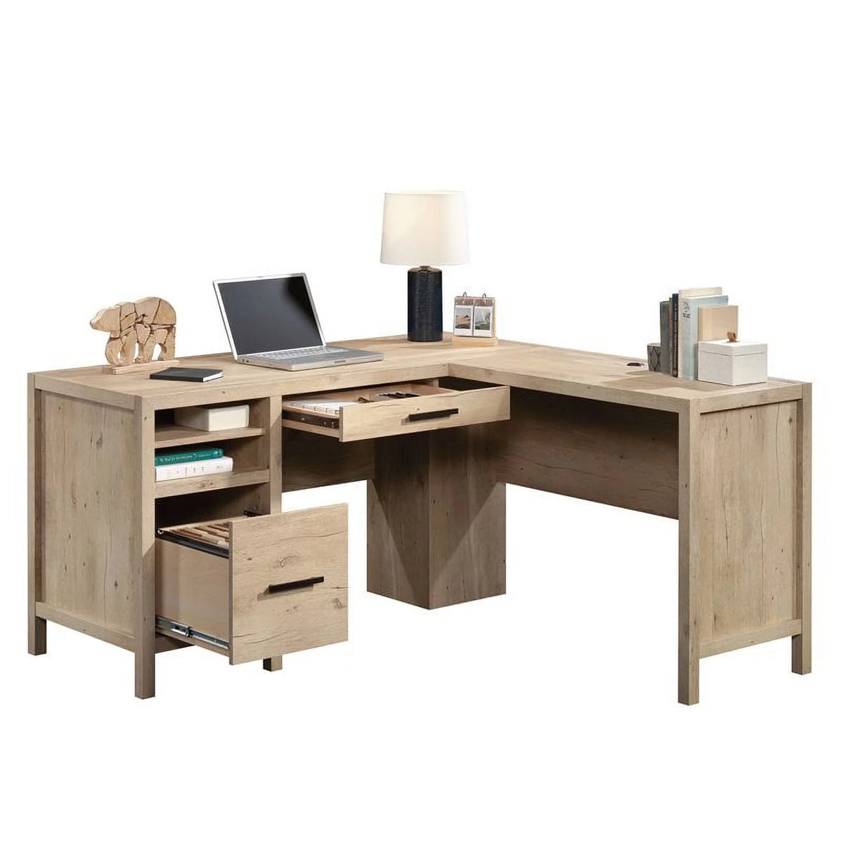 L-Shaped Engineered Wood Home Office Desk in Prime Oak A237117