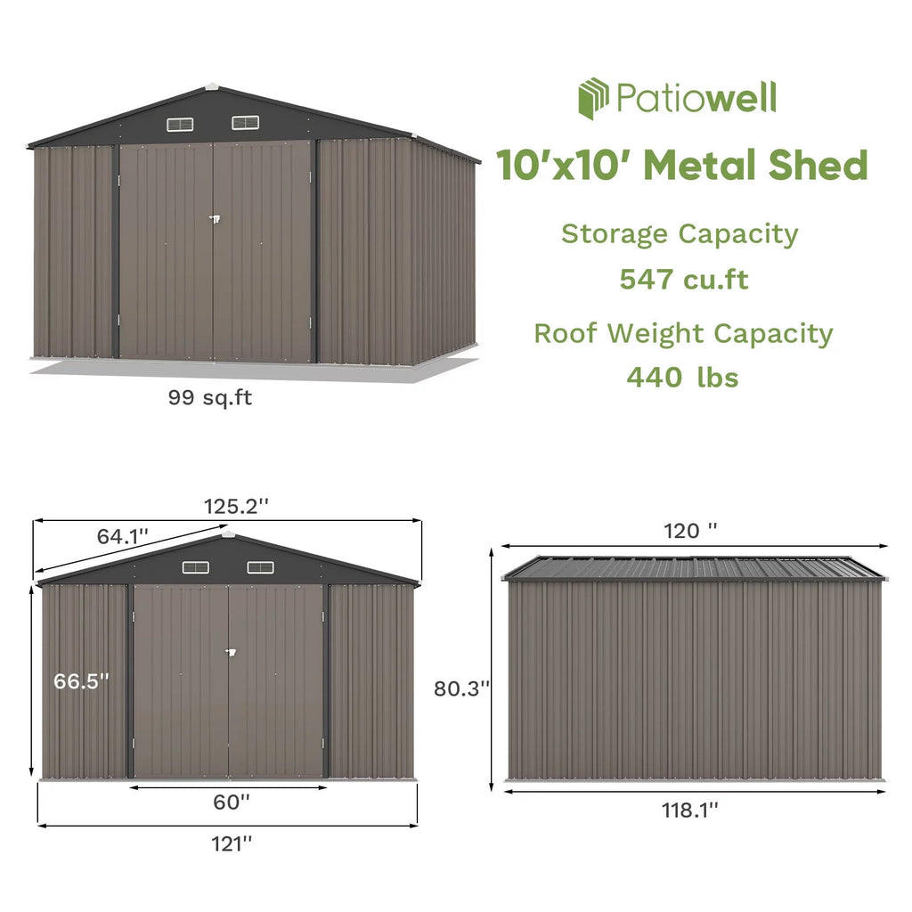 10 x 10 ft Outdoor Storage Metal Shed, Brown M7704